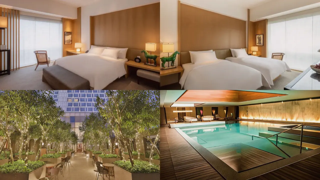 Grand Hyatt Chengdu — a king room, a twin room, the tree-lined courtyard, and the indoor pool.