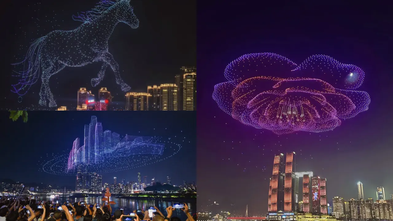The Chongqing riverside drone show — illuminated drone formations of a horse, a flower and a skyline above the river.