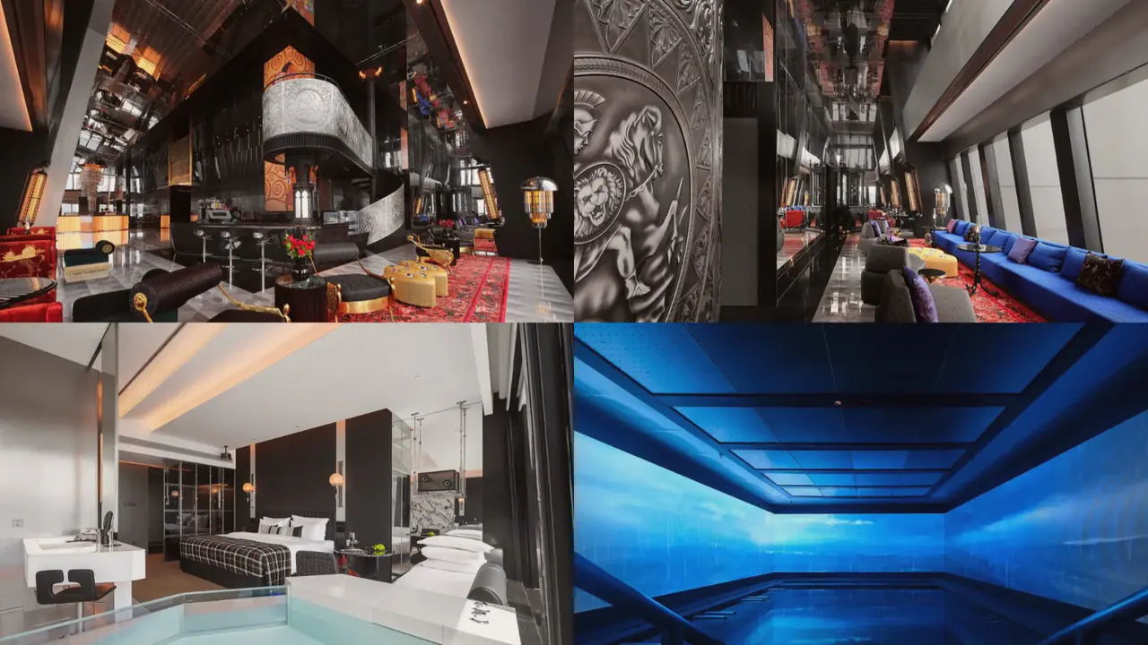 SEYA Panoramic — the lobby, a corridor, a room with an in-room pool, and the blue-lit indoor pool.