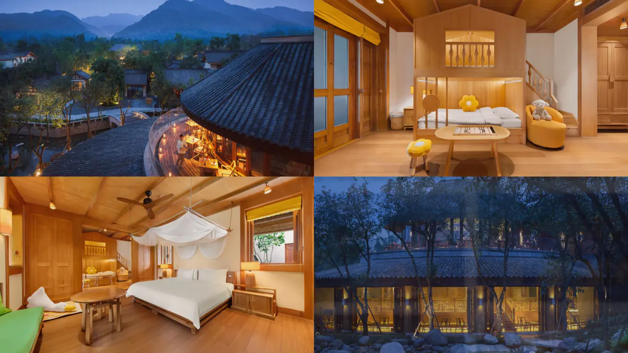 Six Senses Qing Cheng Mountain — mountain views, a children's bunk room, a bedroom, and the courtyard at dusk.