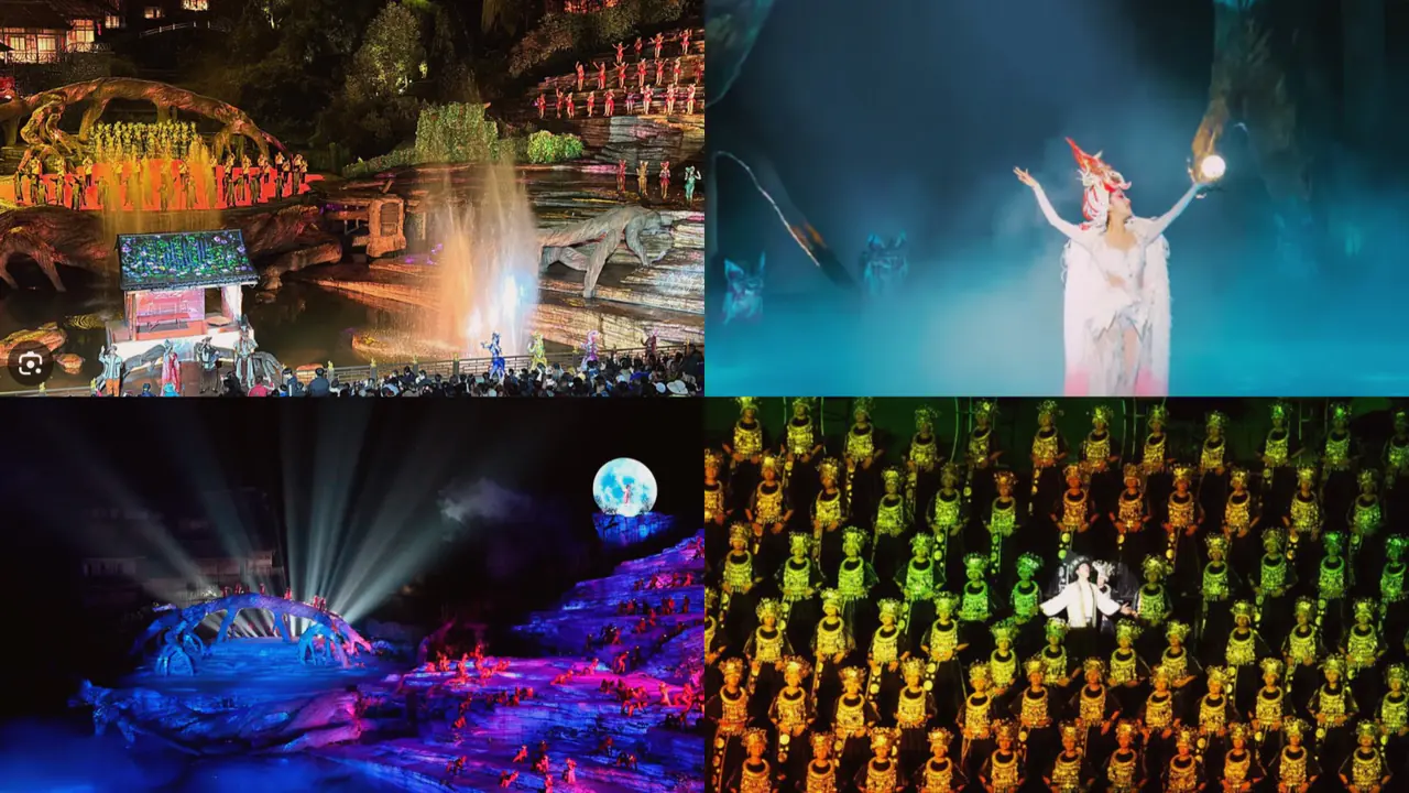 The Tianmen Fox Fairy Show staged outdoors at the foot of the mountain, lit in colour at night.