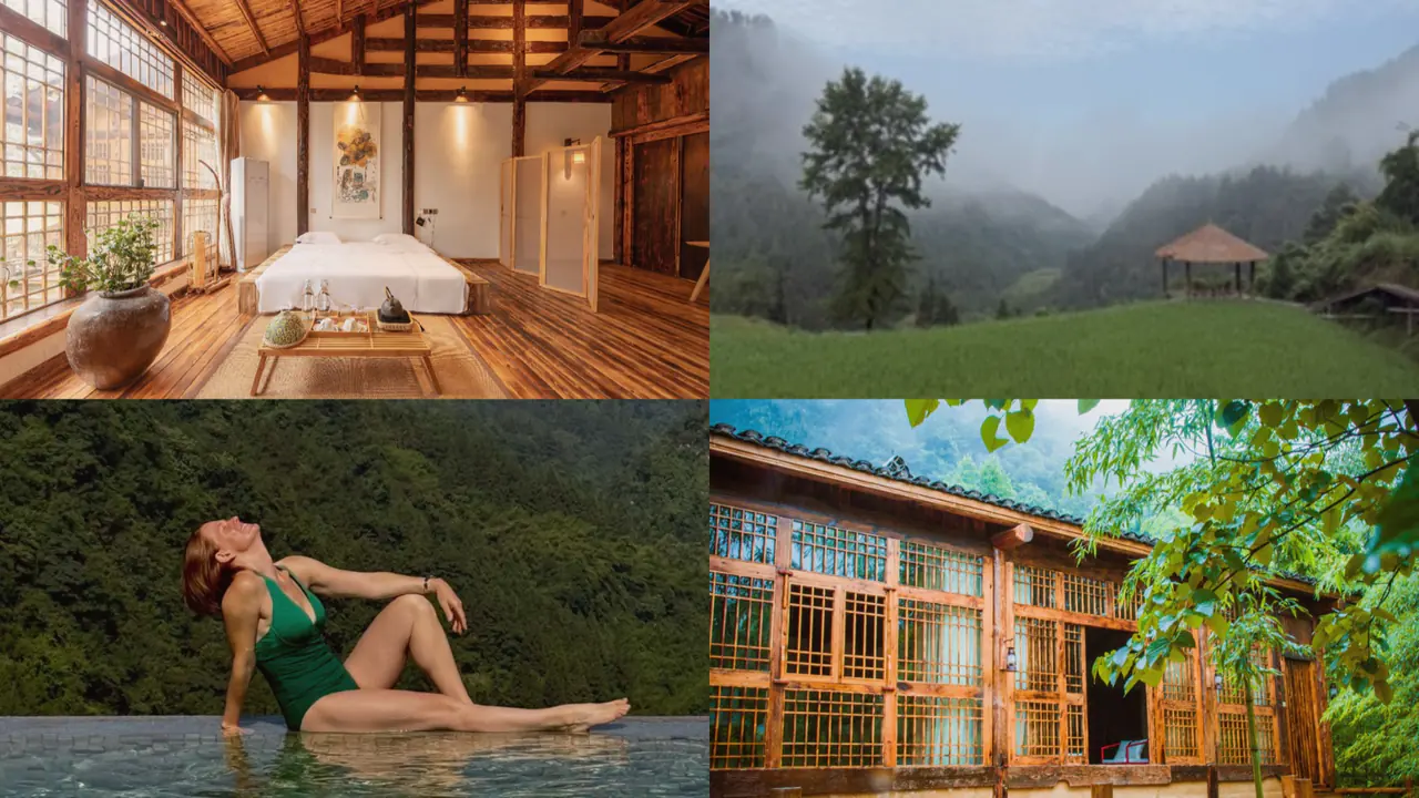 No. 5 Valley Lodge — a wooden room, a misty valley, the infinity pool, and the lodge exterior.