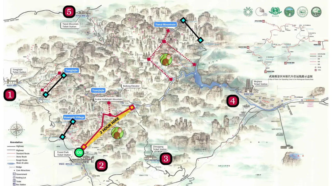 An annotated map of the Wulingyuan scenic area showing its five numbered park entrances and the main hikes.