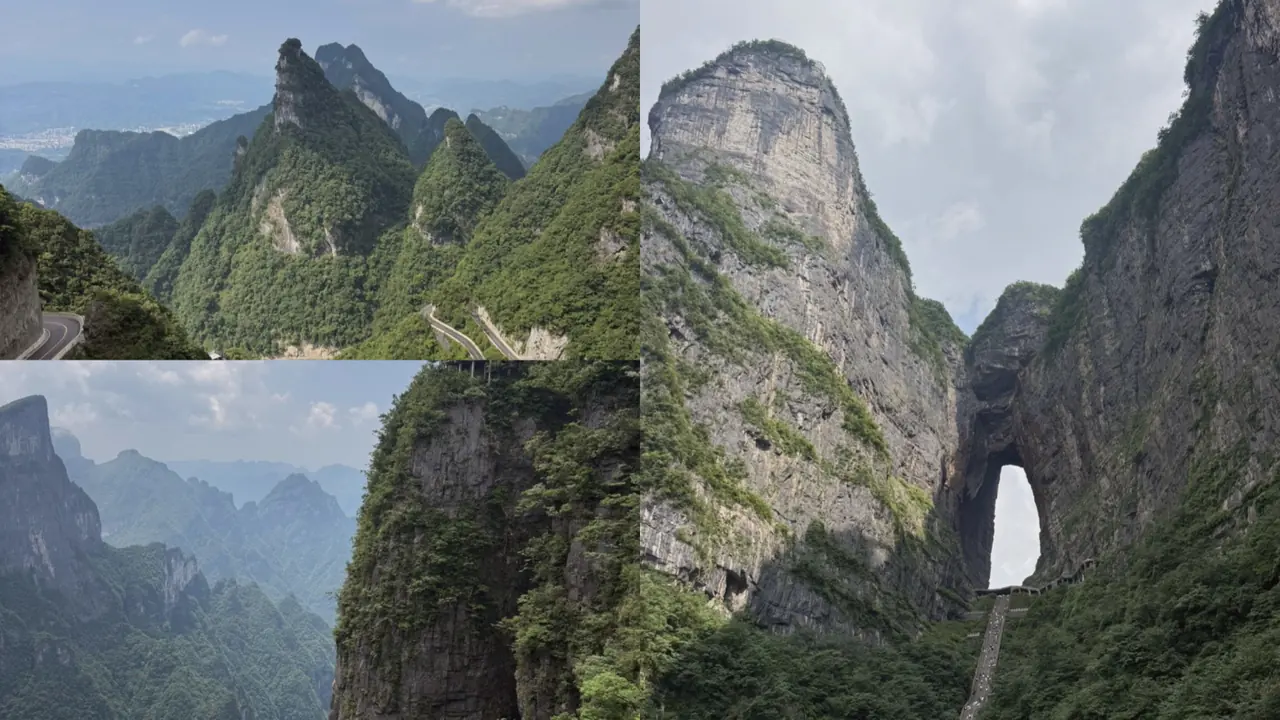 Tianmen Mountain — the winding 99-bend road, the Heaven's Gate arch, and its cliffs.